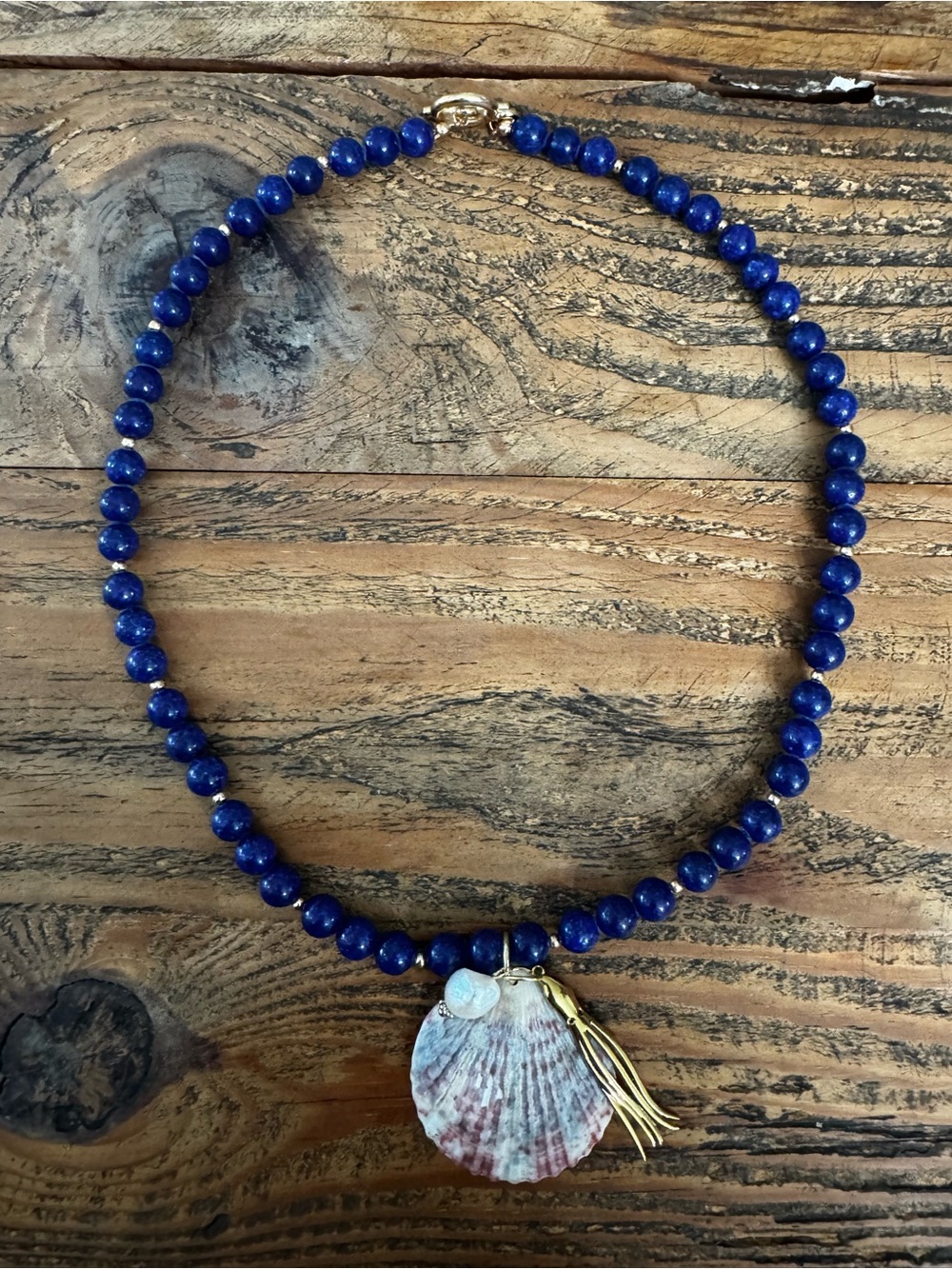 Lapis Blue Beaded Necklace with Shell and Gold Tassel